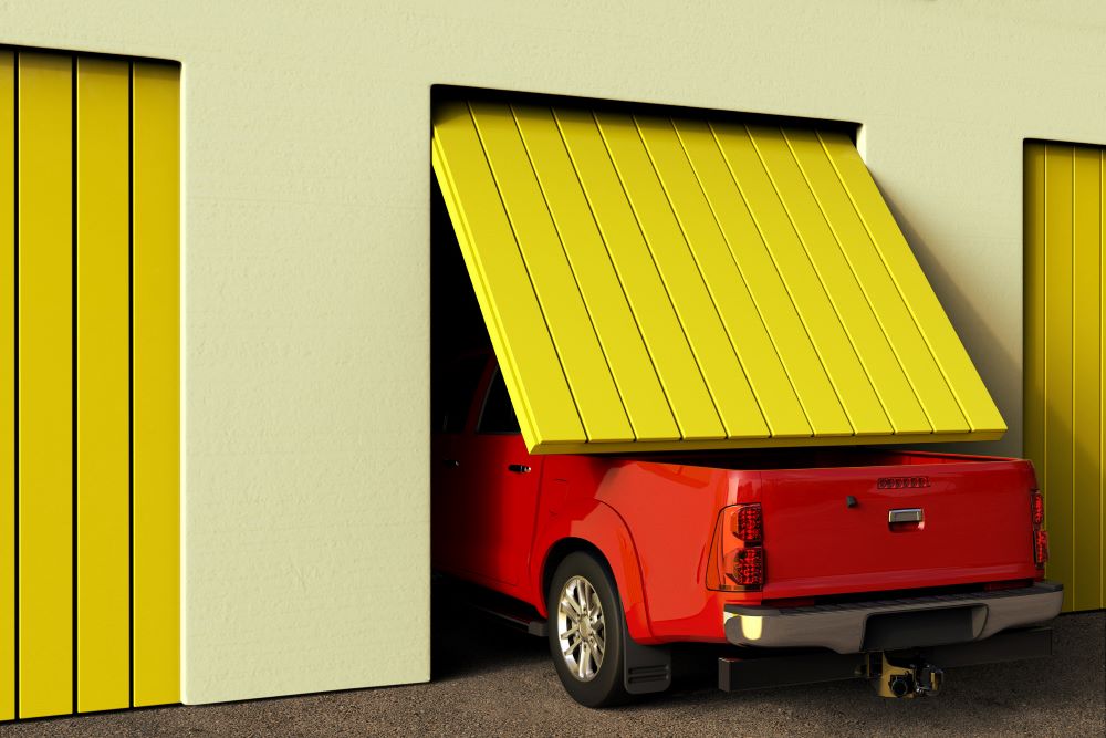 3D rendering of a conceptual image of a big pickup truck that does not fit in the garage
