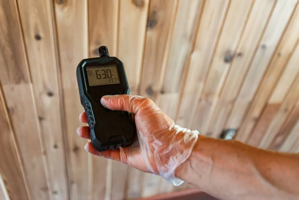 Indoor damp & air quality (IAQ) testing; A hand is seen close-up, using a handheld device to check for pollutants