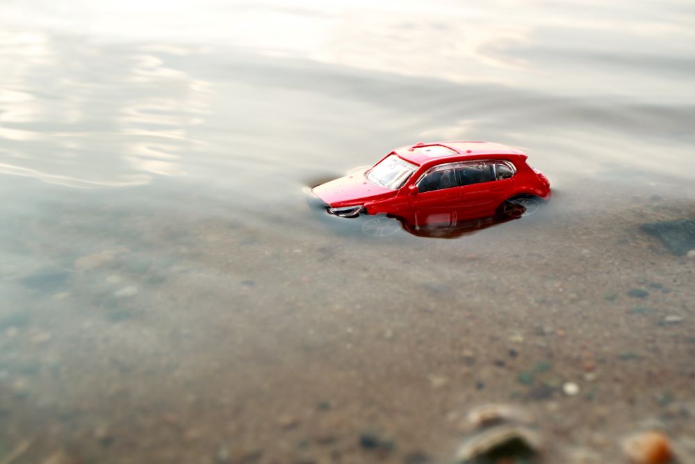 toy car almost drowned in the water on the shore of the pond on a summer day
