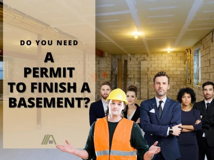 Man in disbelief in front of men in suits; background is an unfinished basement; Do You Need a Permit to Finish a Basement?