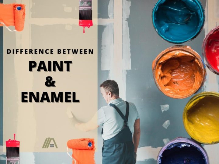 Man painting on a dry wall and cans of paint on the side; Difference Between Paint and Enamel (Table of differences included)