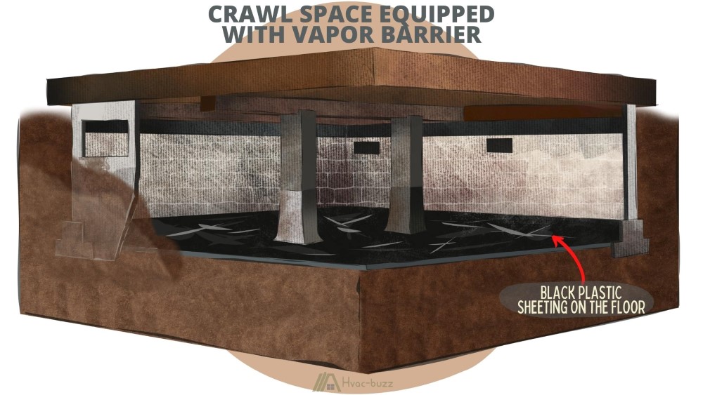 Crawl space with vapor barrier installation