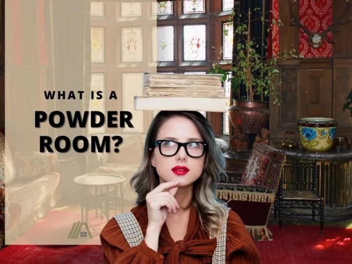 Wondering woman with a stack of books on her head; What Is A Powder Room (Definition, history, and place in modern society)