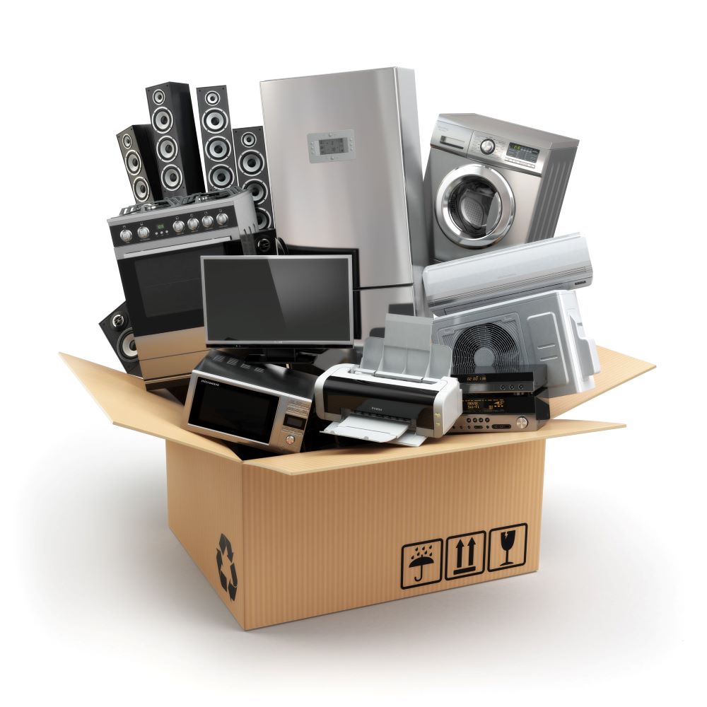 Home appliance in box. Fridge, washing machine, tv printer, microwave oven, air conditioner and loudspeakers