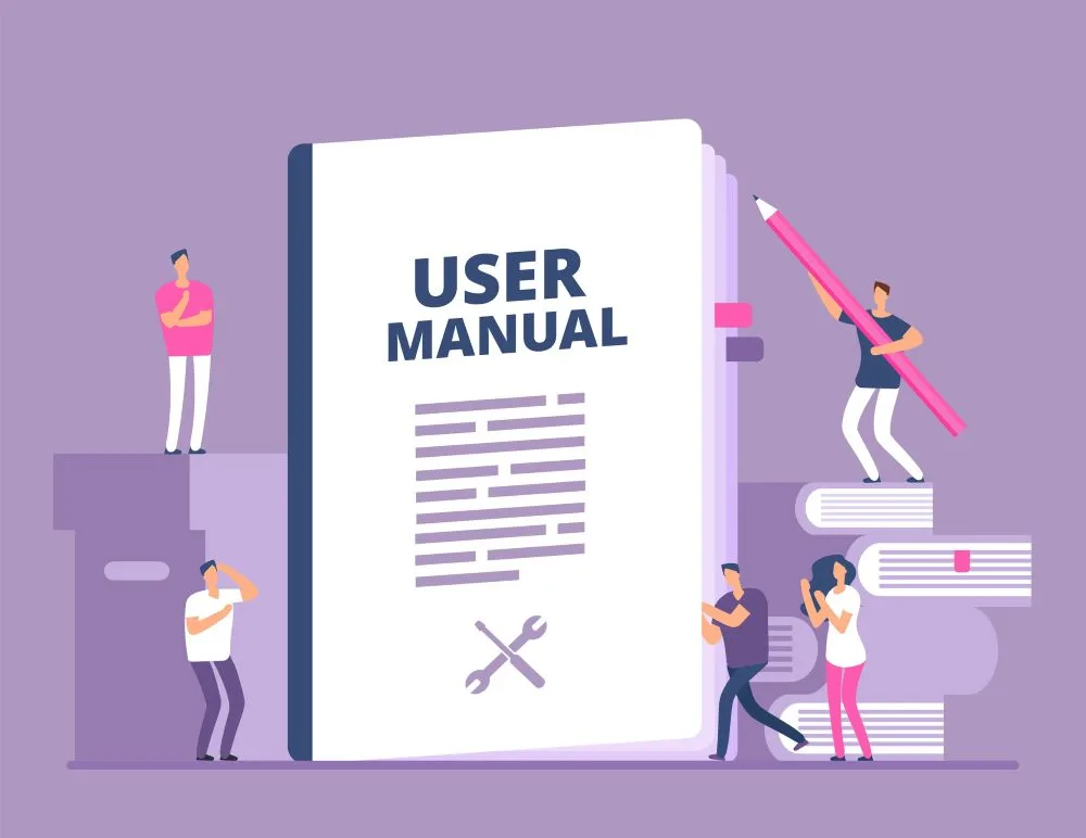 User manual concept. People with guide instruction or textbooks. User reading guidebook and writing guidance