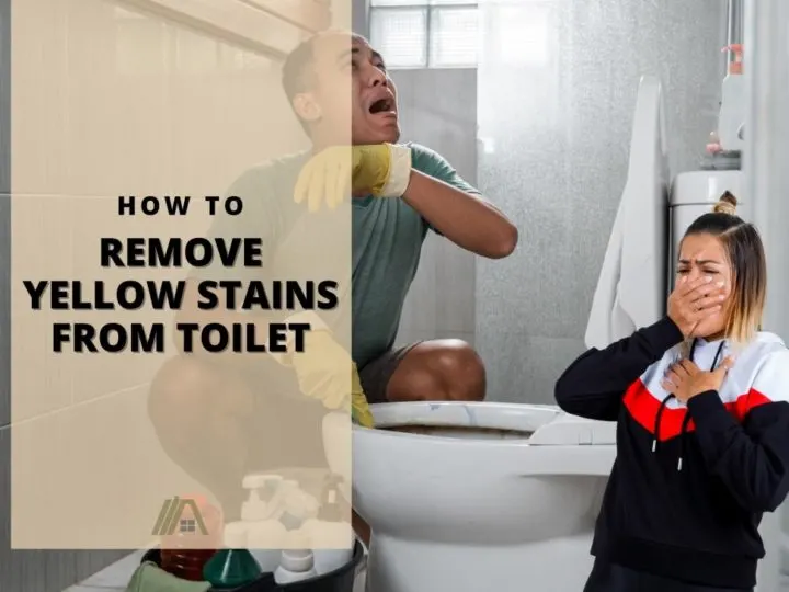 Woman nauseated; Man trying to clean dirty toilet; Rooms-Bathroom_How to Remove Yellow Stains From Toilet Simple Solution