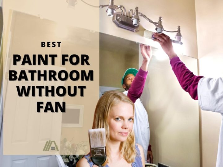 Woman holding a paintbrush; Man painting a part of the bathroom wall above the mirror