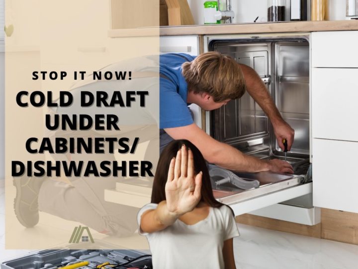 Woman putting her hand up in a stop signal; Rooms-Kitchen_Cold Draft Under Cabinets / Dishwasher Stop It Now!