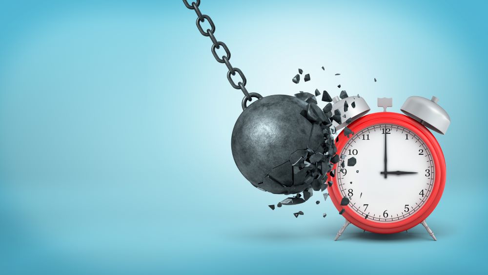 3d rendering of a big black iron wrecking ball breaking a clock