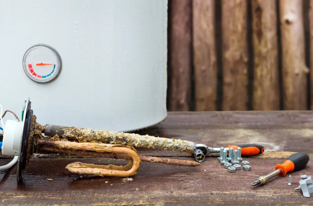 Broken water heater with heating elements, on wooden background