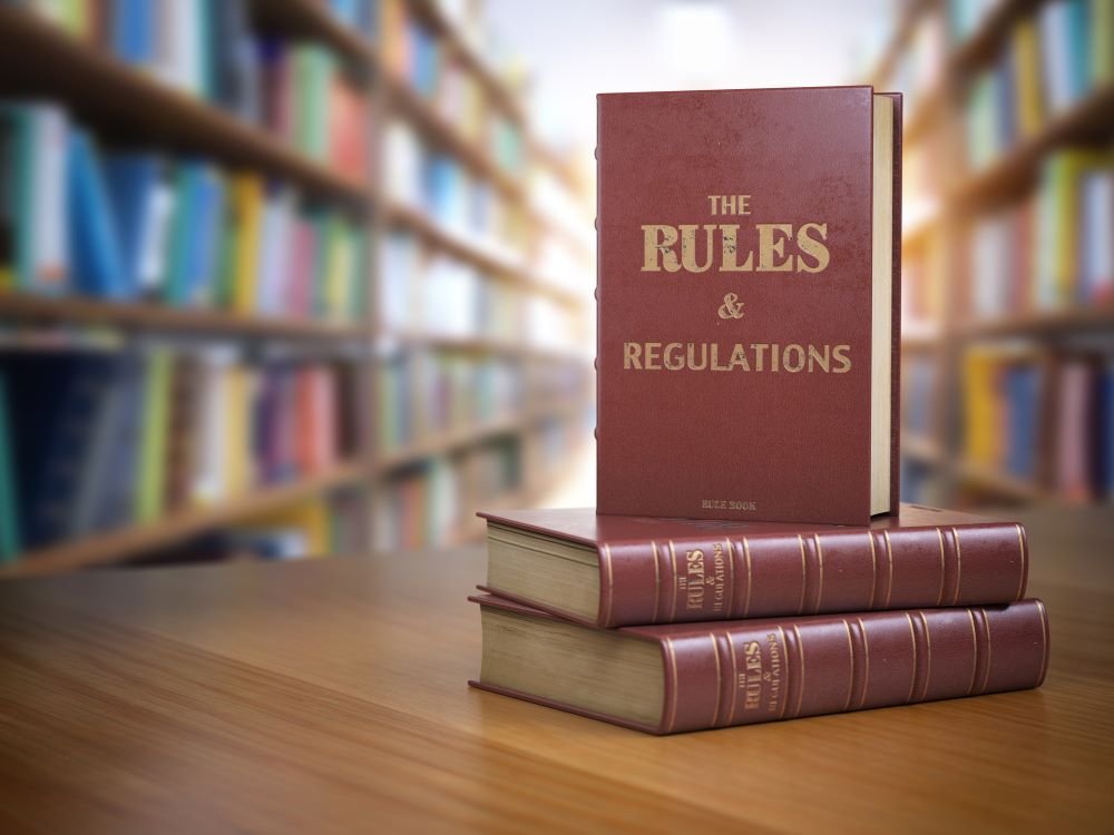 Rules and regulations books with official instructions and directions of organization or team. 3d illustration