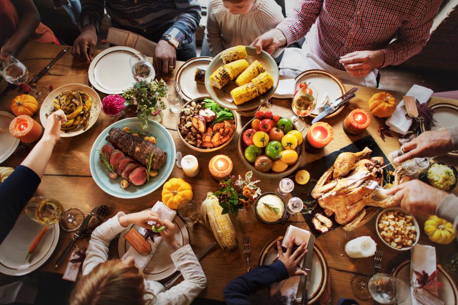 Table filled with food for Thanksgiving Celebration feast