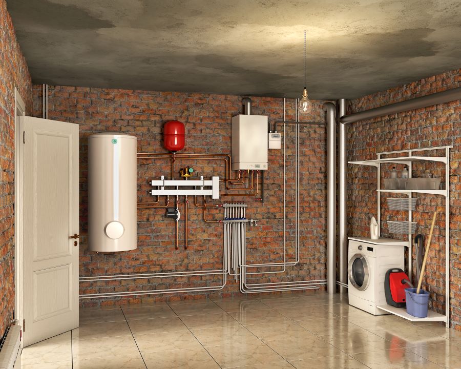 water heater boiler system and laundry in a basement interior 3d illustration