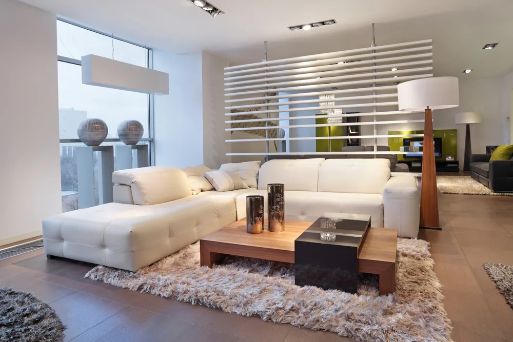 The interior of a modern living room, nobody white furniture