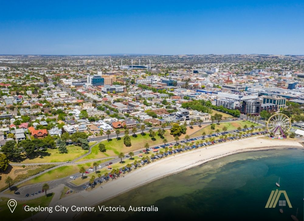 Aerial view of Geelong City Center, Victoria, Australia