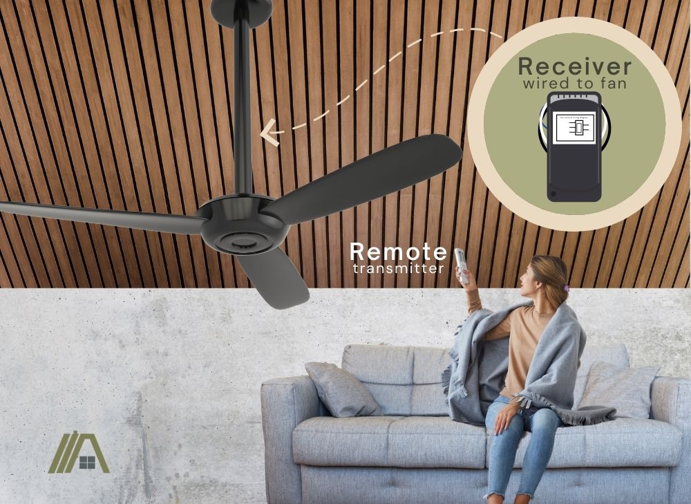 Girl in a gray sofa holding a remote to control a black three-bladed ceiling fan with receiver wired to the fan