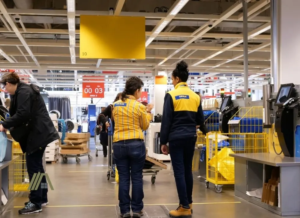 Motion of people paying product at self check out counter inside Ikea store 