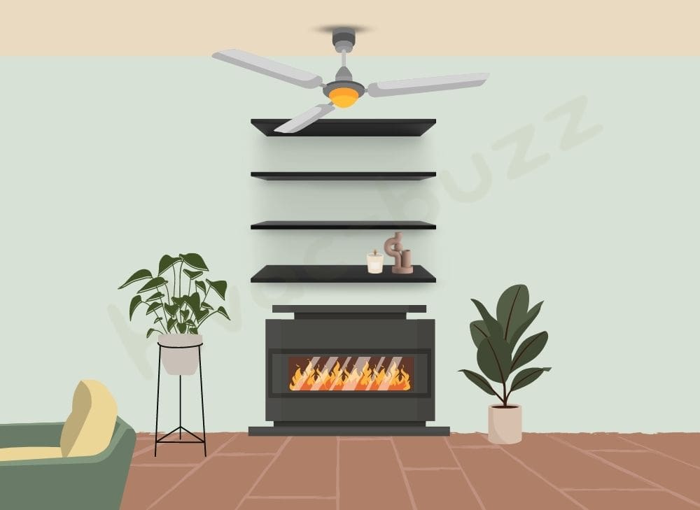 Illustration of a living room with ceiling fan and a fireplace