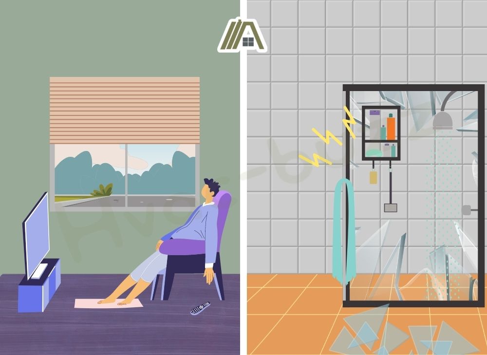 Illustration of man watching tv in the living room while the glass shower door shattered