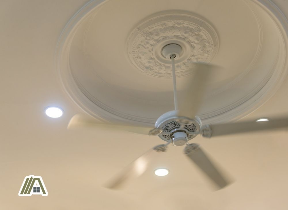 White five bladed ceiling fan rotating on a white ceiling