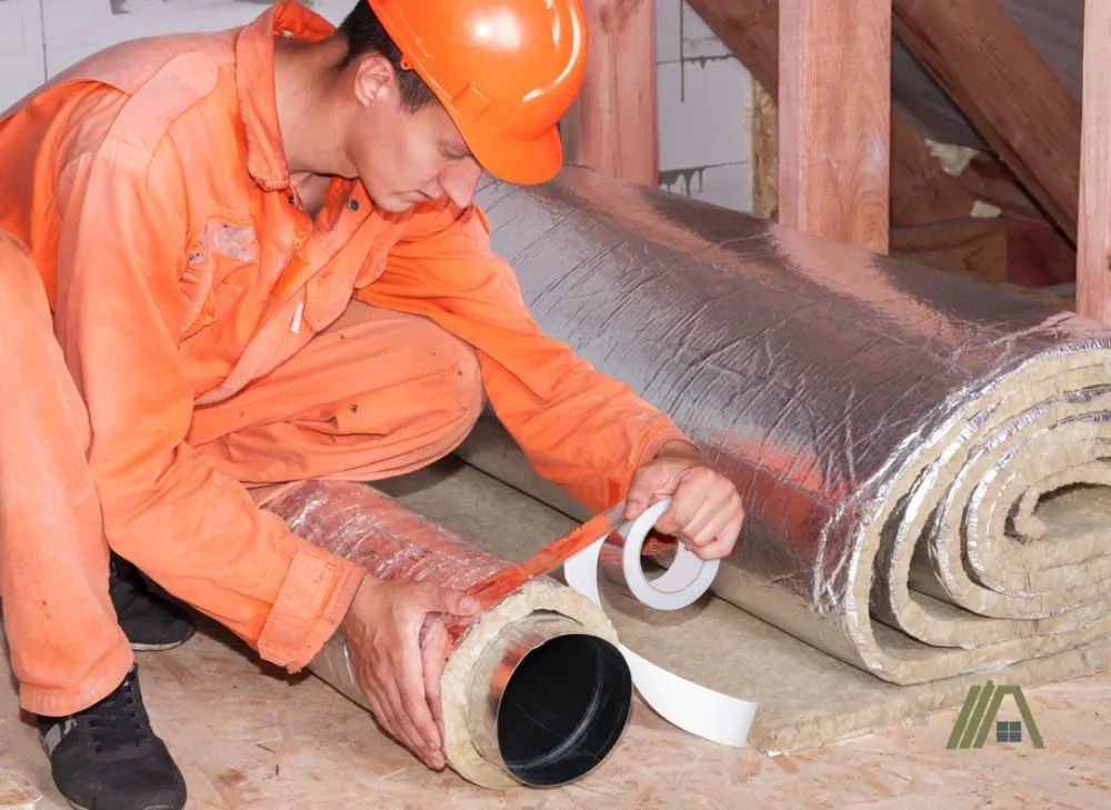 Man putting an insulation to a duct