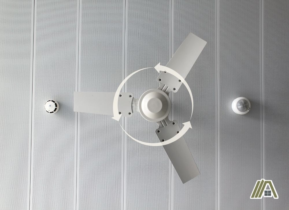 White metal ceiling fan rotating counterclockwise viewed from the bottom