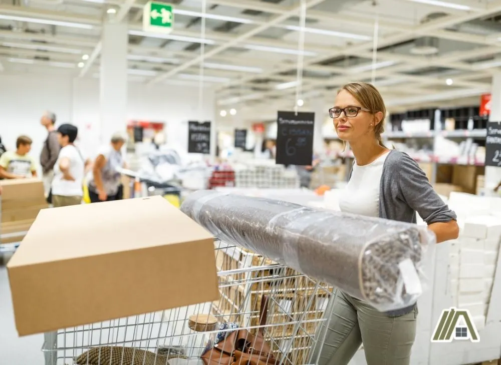 Blonde woman with glasses returning a gray carpet from IKEA