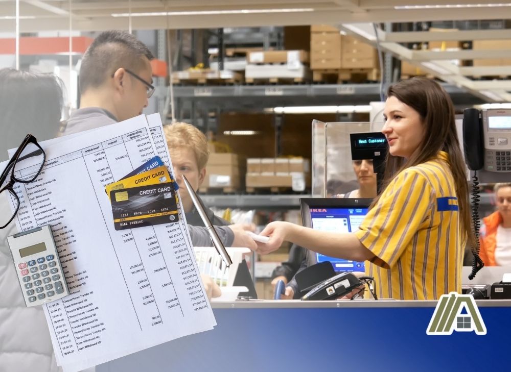 Man with glasses paying at a cashier in IKEA and a bank statement with credit cards and calculator