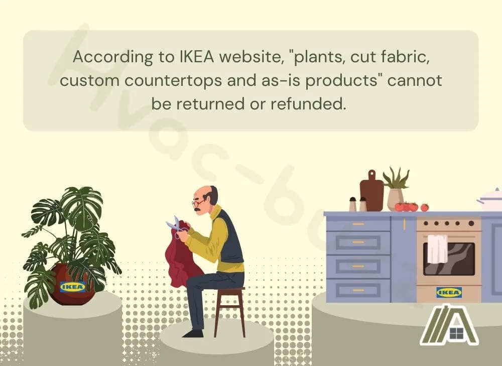 Plant in a pot, old man cutting red fabric and a blue countertop with a text saying what IKEA items cannot be refunded or returned
