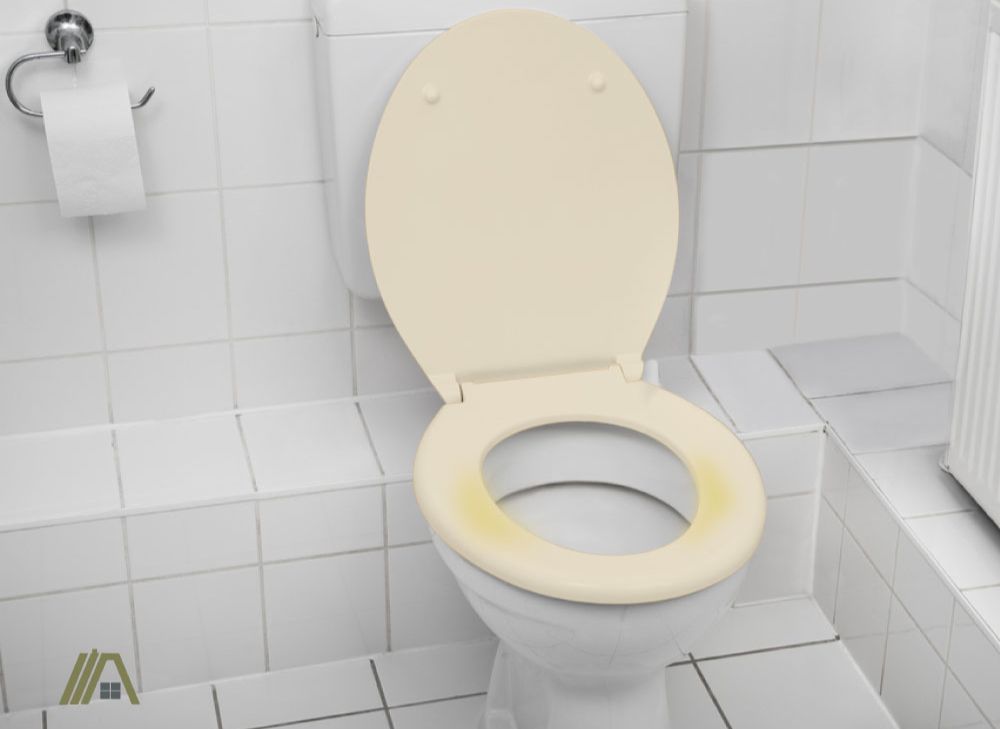 Yellow stained plastic toilet seat with a tissue holder on the side inside a bathroom with white tiles