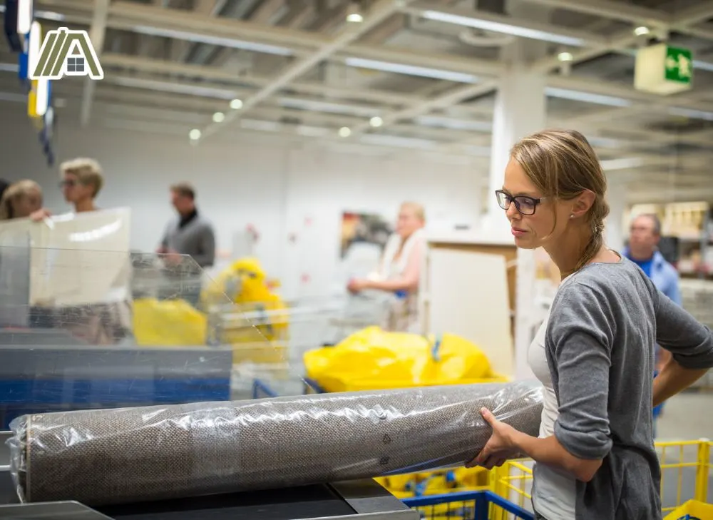 Blonde woman purchasing a carpet in IKEA