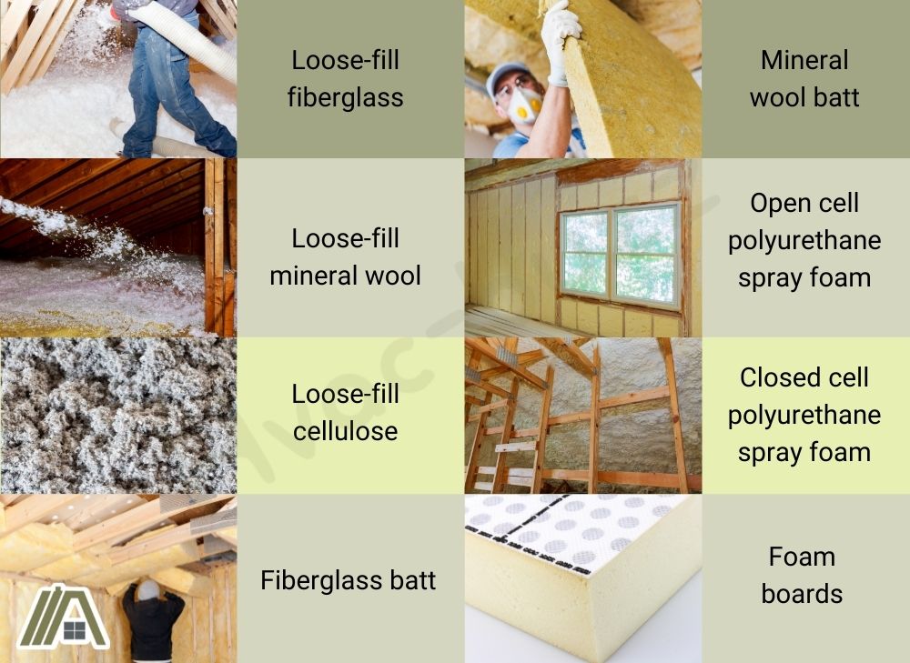Different types of insulations: Loose-fill fiberglass, Loose-fill mineral wool, Loose-fill cellulose, Fiberglass batt, Mineral wool batt, Open cell polyurethane spray foam, Closed cell polyurethane spray foam and Foam boards