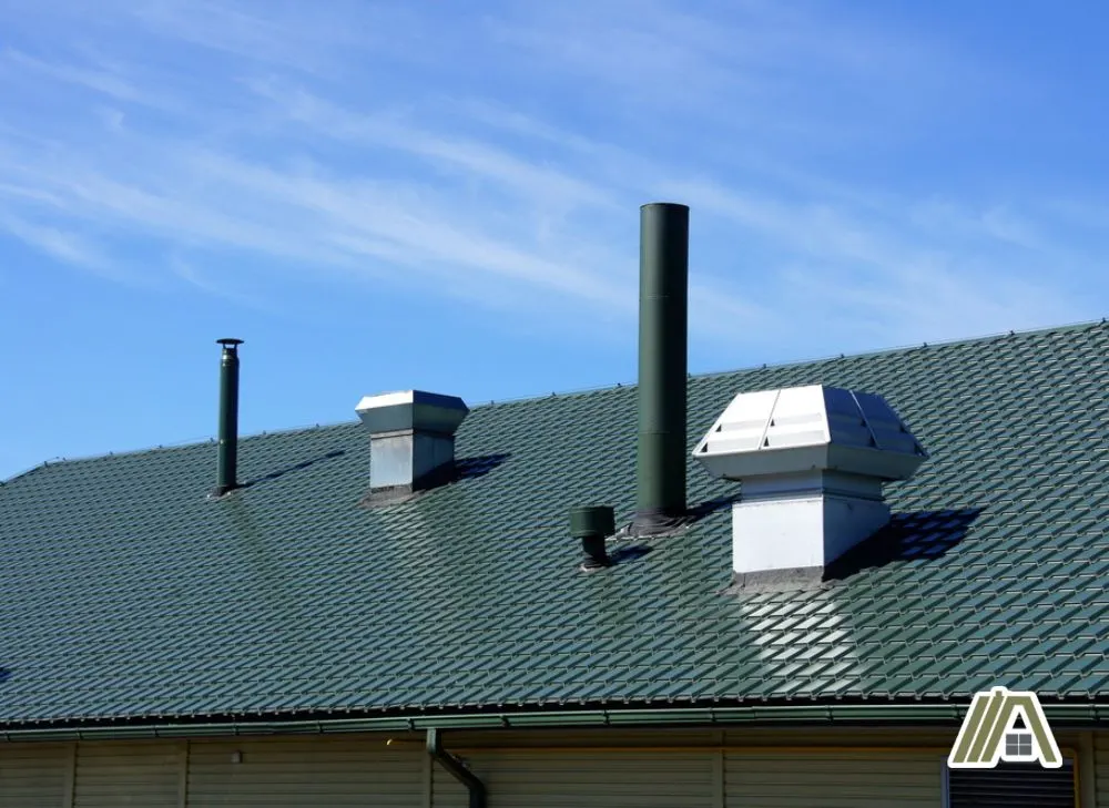 Different vents with a plumbing vent installed on a dark green roof