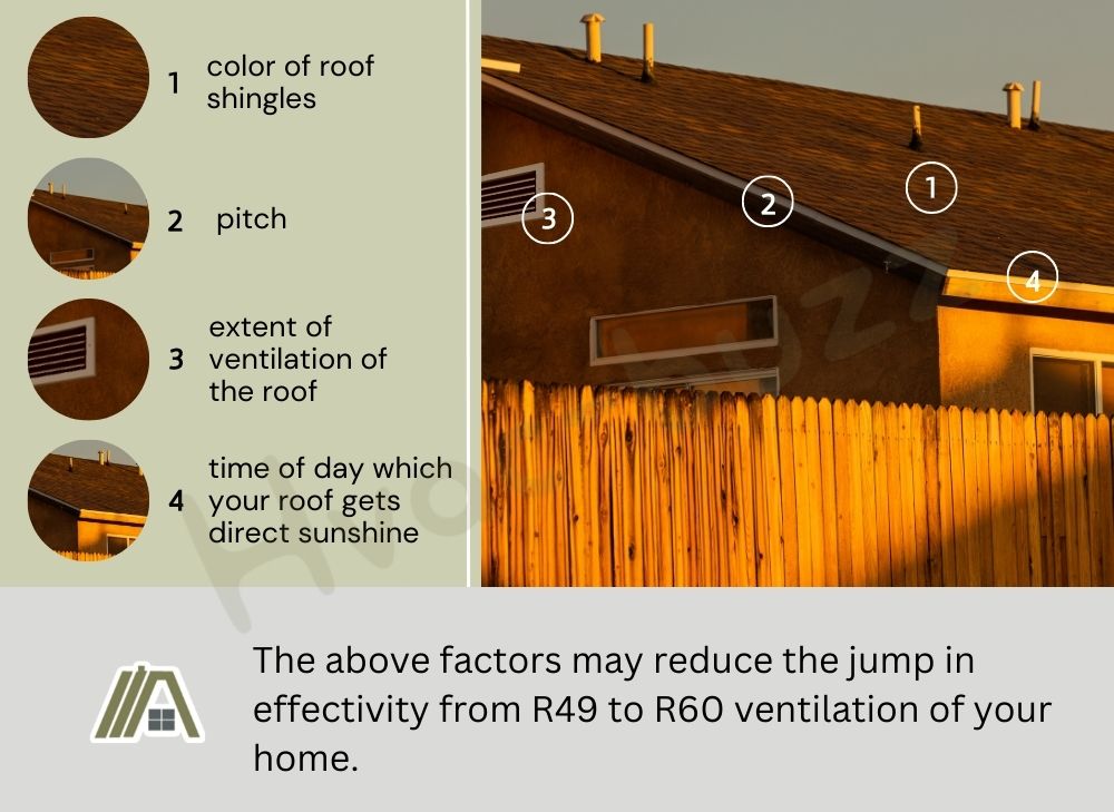 Factors that may reduce the effectivity of your house insulation from R49 to R60: color of roof shingles, pitch and extent of ventilation of the roof, and the time of day at which your roof gets direct sunshine