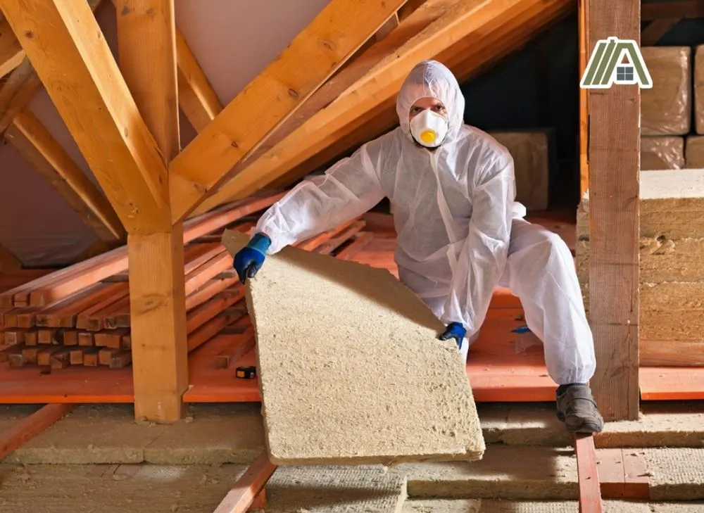 Man in PPE installing a mineral wool insulation on an attic