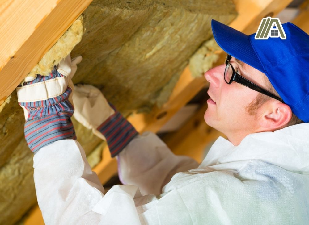 Man installing fiberglass insulation for the roof