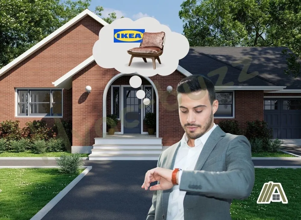 Man looking at his watch in front of his house waiting for his IKEA Delivery