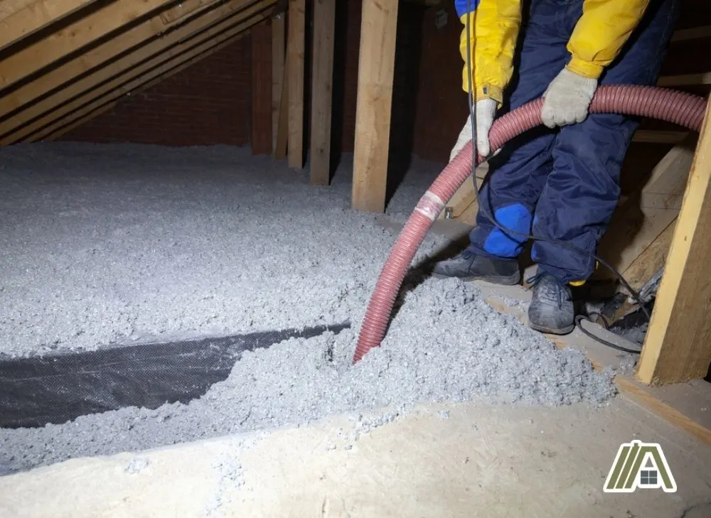 Man pouring cellulose insulation in the attic
