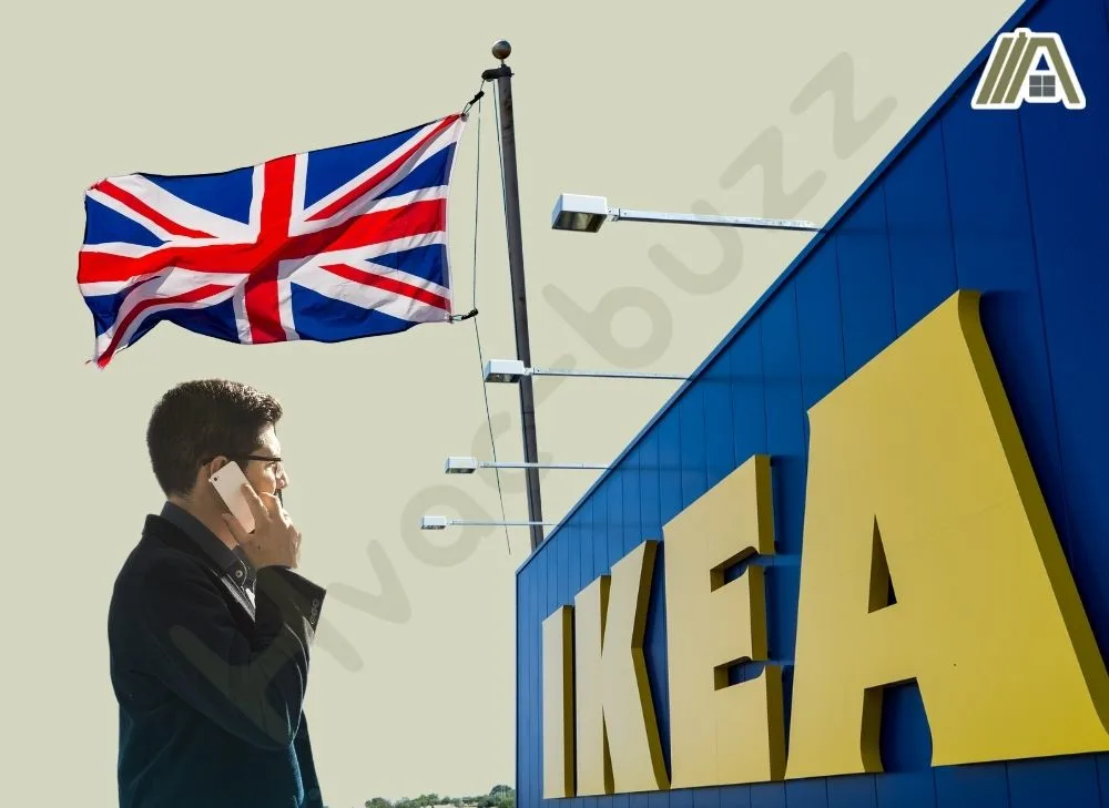 Man talking to his phone, United Kingdom Flag and IKEA Store