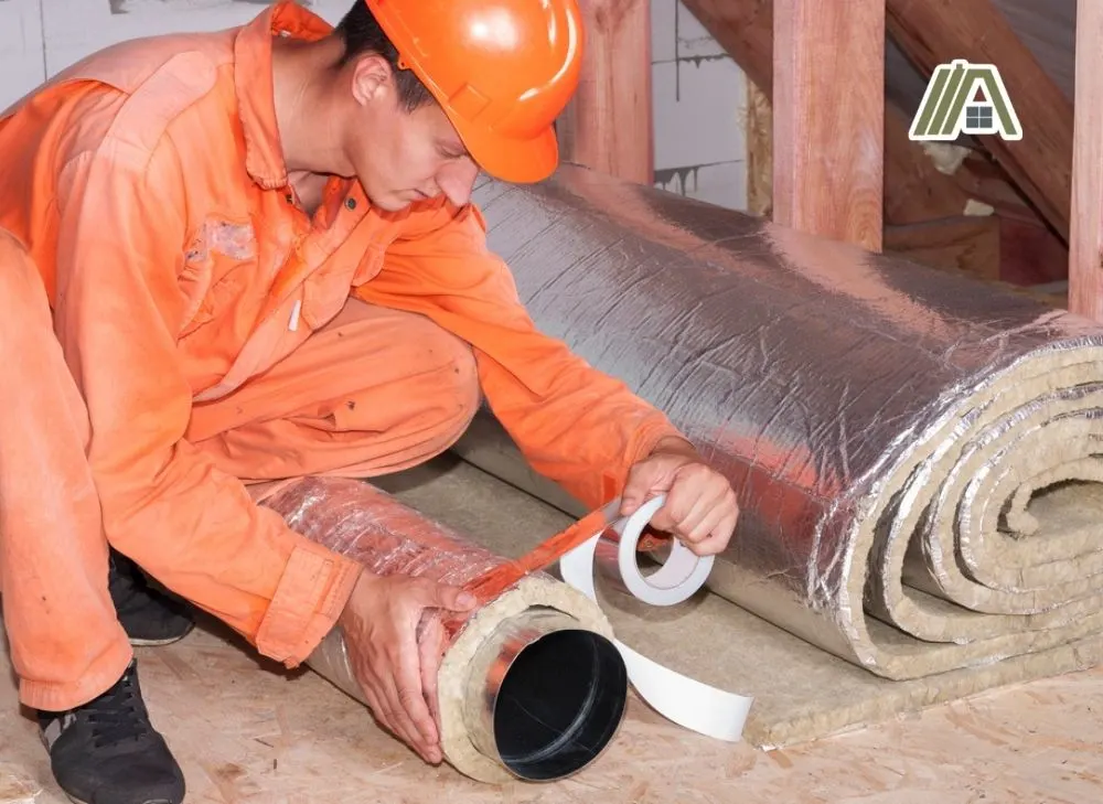Man wearing a PPE installing an insulation for ducts
