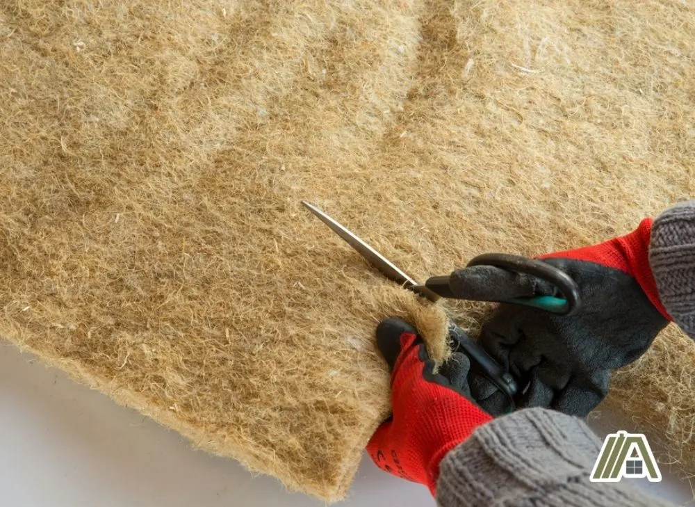 Man wearing gloves cutting a hemp insulation