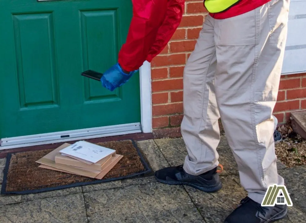 Packages or envelopes left in the green front door of an apartment, courier taking a photo as a delivery proof