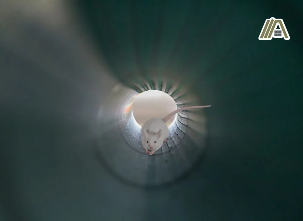 White rat inside of a plumbing pipe