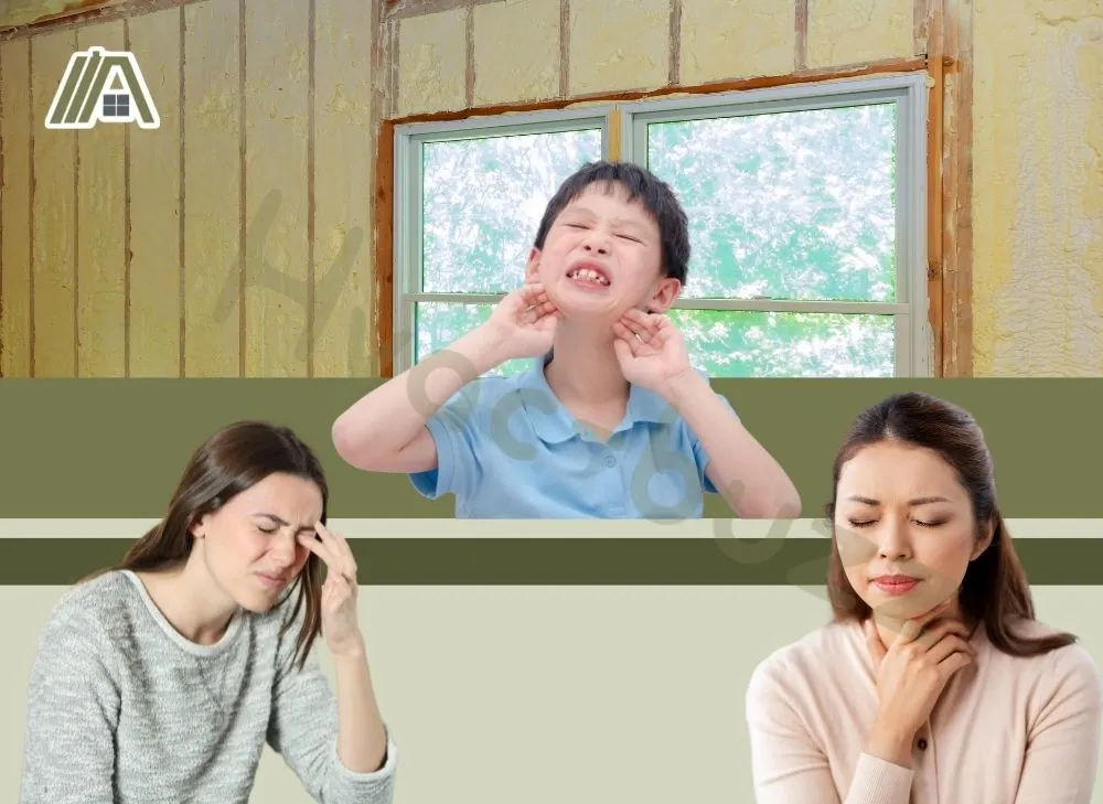 Woman scratching her eyes, boy scratching his neck and woman having a sore throat due to fiberglass fibers