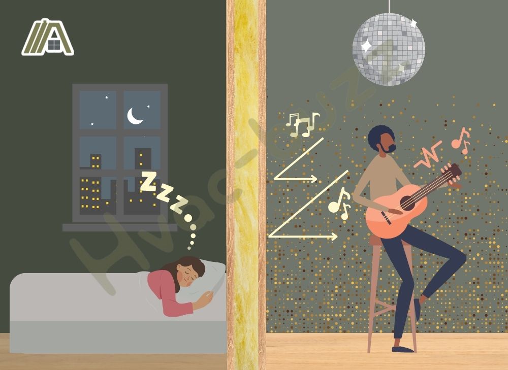 Girl sleeping well in the left room due to the insulation in the wall while the guy in the right room is playing a guitar loudly