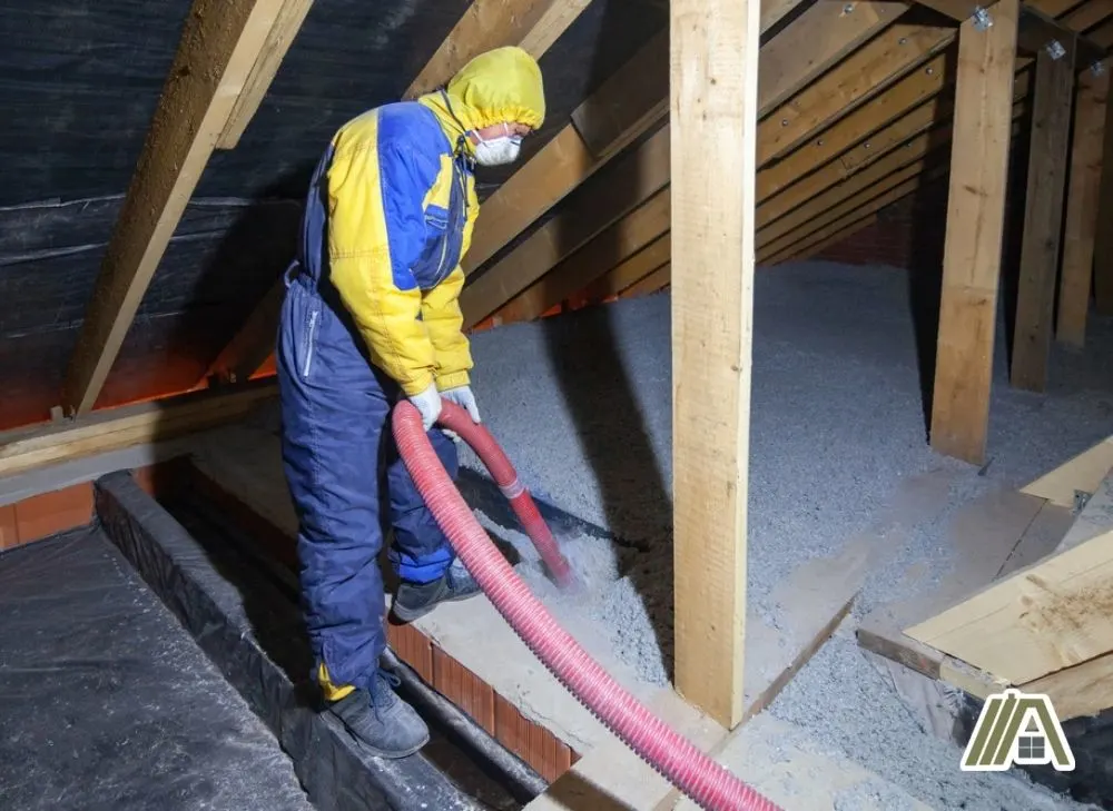 Man wearing PPE installing cellulose insulation in an attic from a hose