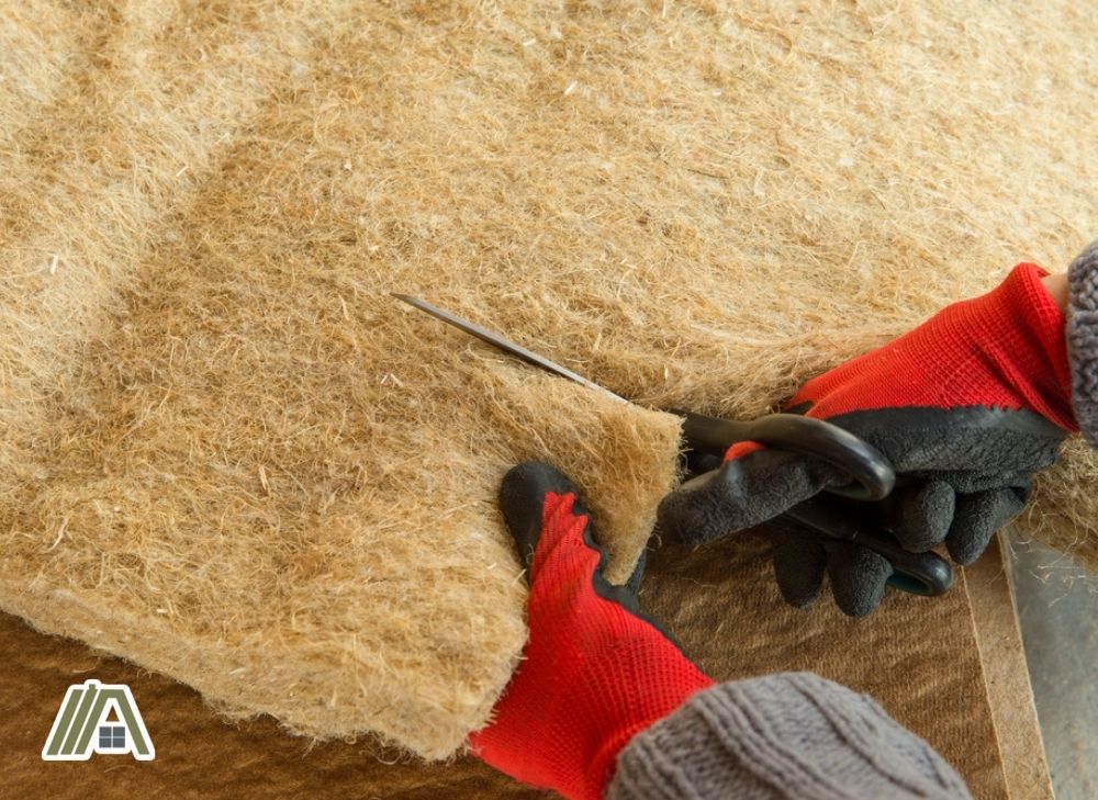 Man wearing gloves while cutting a natural fiber insulation