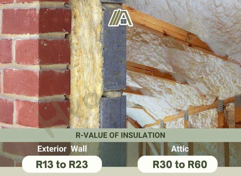 R-value of insulation for the exterior wall and attic