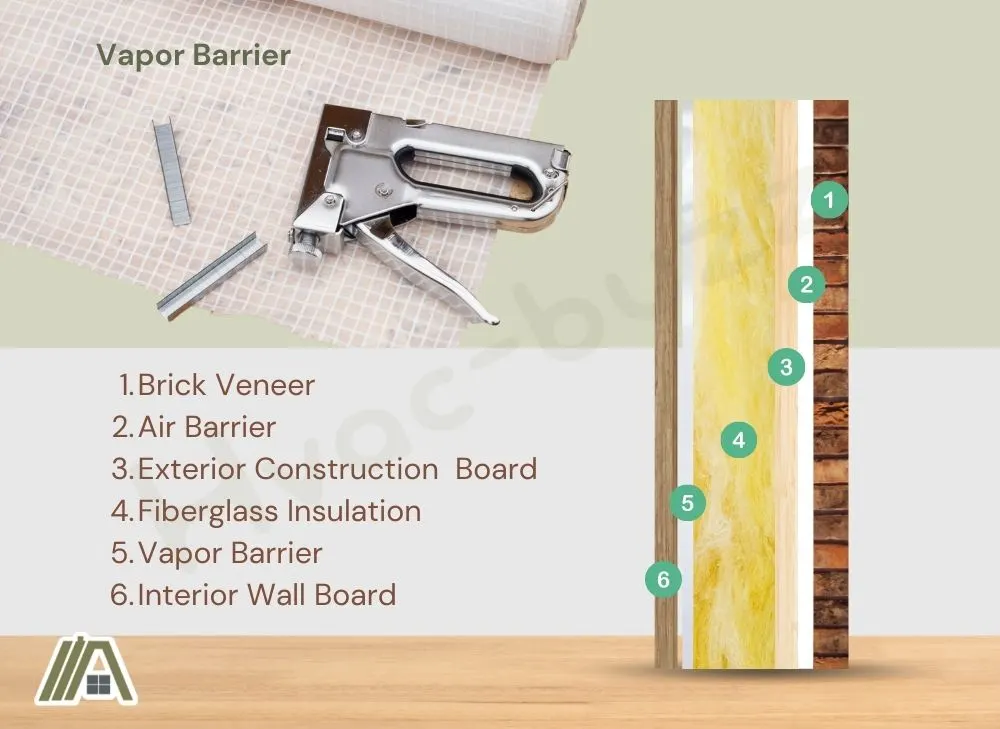 Wall frame components: Brick Veneer, Air Barrier, Exterior Construction  Board, Fiberglass Insulation, Vapor Barrier and Interior Wall Board