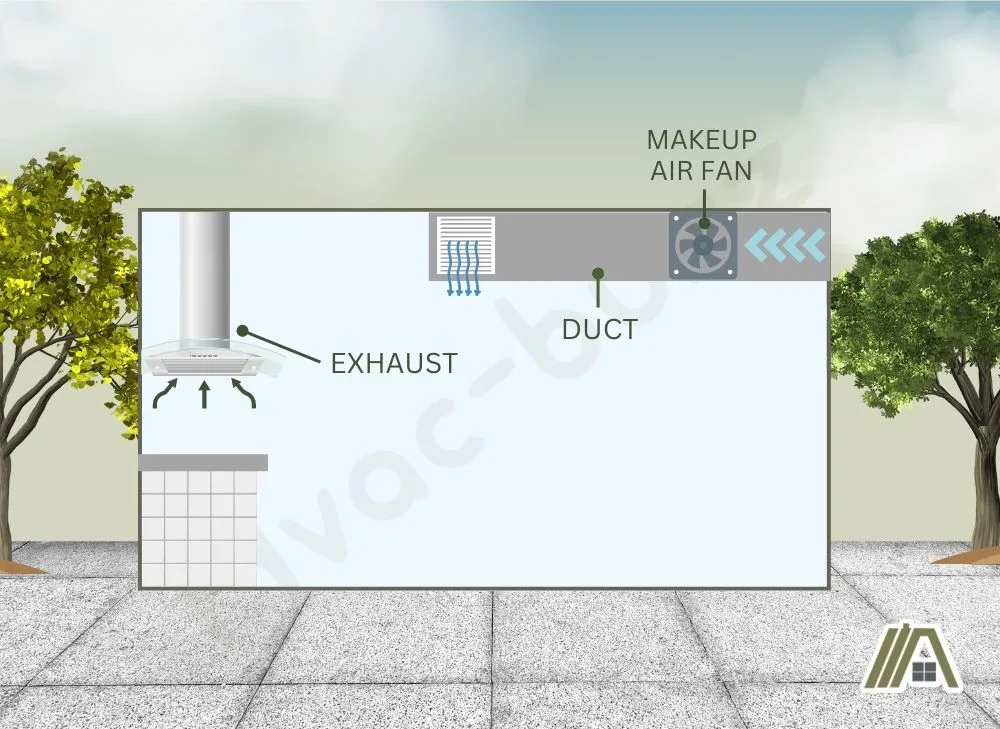 Makeup air system inside the house with duct and exhaust